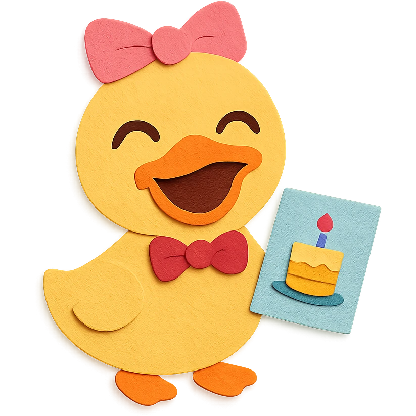 laughing duck with bowtie holding birthday card, flawless and visually perfect, no imperfections emoji
