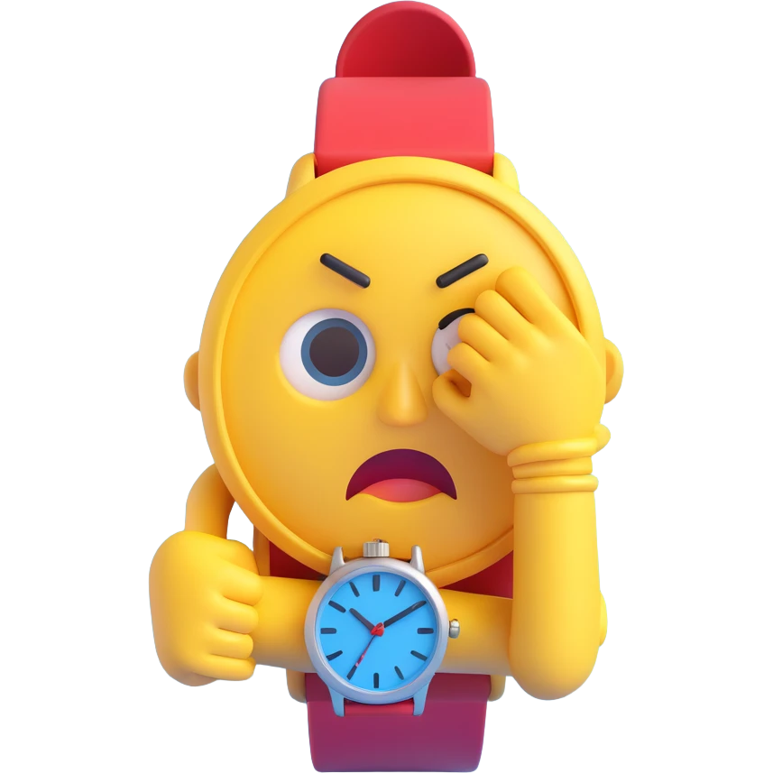 A yellow emoji face with a worried expression, looking at a wristwatch with raised eyebrows, showing urgency and stress emoji