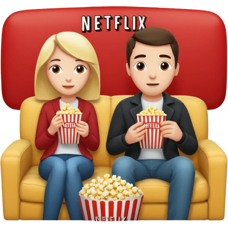 Crea un emoji dove si vedono un uomo e una donna mangiano i pop corn su un divano e guardano la televisione, nella televisione ci deve essere scritto netflix emoji