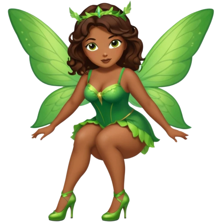 Pretty thick girl with caramel skin. Dark brown hair and brown eyes. She has freckles. Wearing sexy makeup. Wearing a green fairy costume and heels and flying emoji
