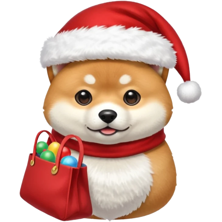 shiba inu wearing santa hat holding a bag of toys snowing emoji