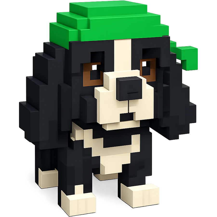 A black and white Russian Cocker Spaniel puppy wearing a green durag, facing forward emoji