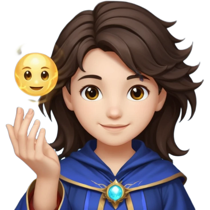 A teen brunette mage with tousled hair, holding a tiny glowing orb and smiling confidently. emoji