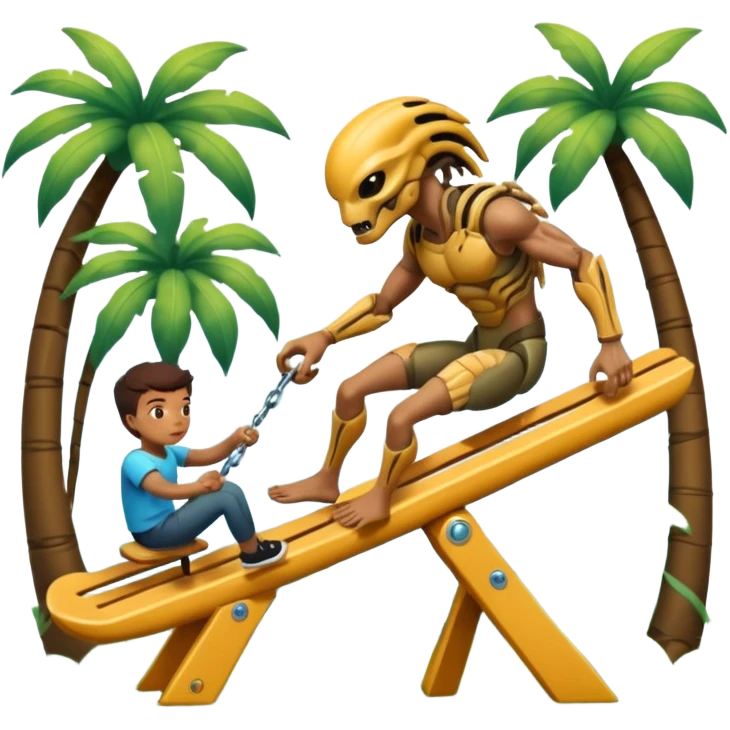The Predator, in a dream like park, pushing unwilling the alien in a seesaw. emoji