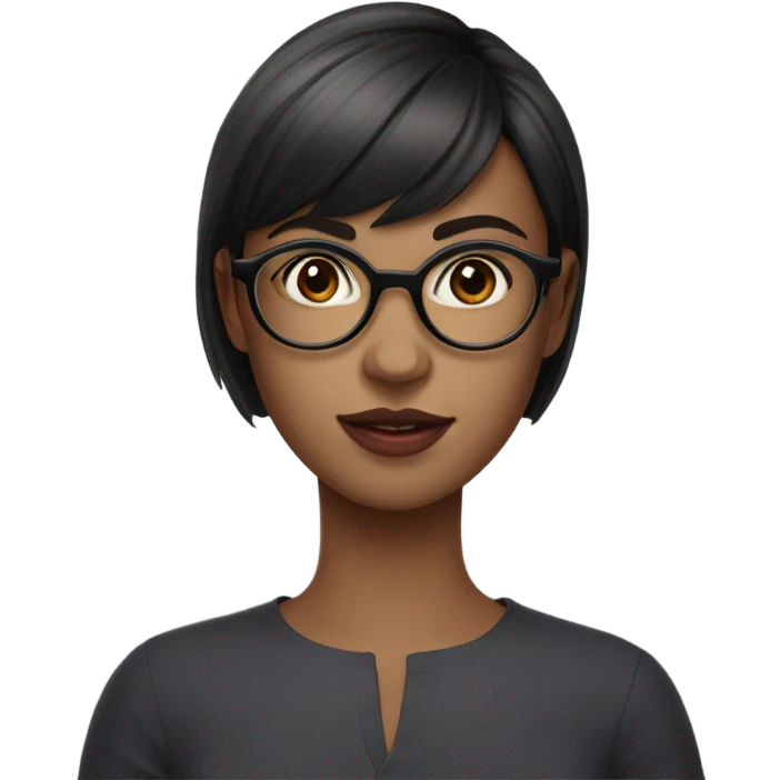 A woman about 25 years old with short hair, round glasses, bangs, and a slightly round face. Her lips are pink and she looks cute.  emoji