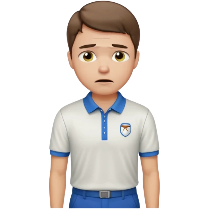 Handsome male.short brown hair.wearing golf shirt and shorts.crying. garden background  emoji