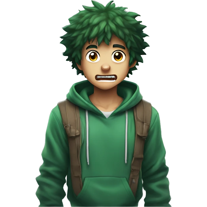 a gamer boy look like deku wearing hoodie yelling emoji