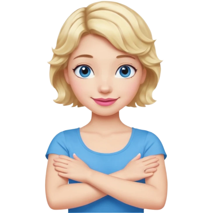 Girl Blonde short wavy hair,  blue eyes, cute blue top, long lashes, pink lips, smiling, making cross arms with arms  emoji