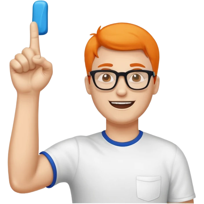 A slim man with glasses, pumping the foam finger in the air with bright enthusiasm. emoji