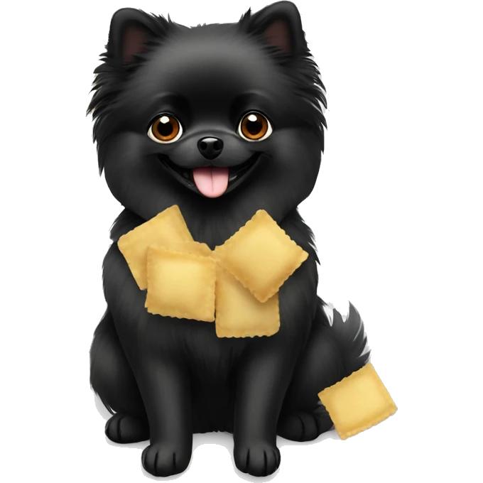 Black Pomeranian with plate of ravioli squares emoji