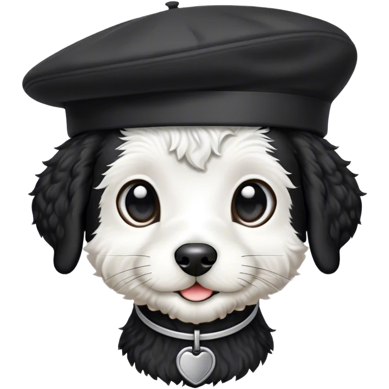 Black and white jackapoo wearing a beret emoji