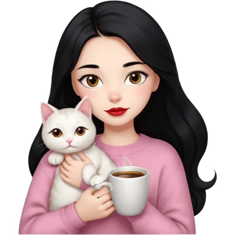 Beautiful Girl Long Hair black, Brows Big , Skin White, Sweater Pale Pink , Big Red Lips, Eyes coffe, Hug Little baby Persa Cream Cat With Cute Eyes emoji