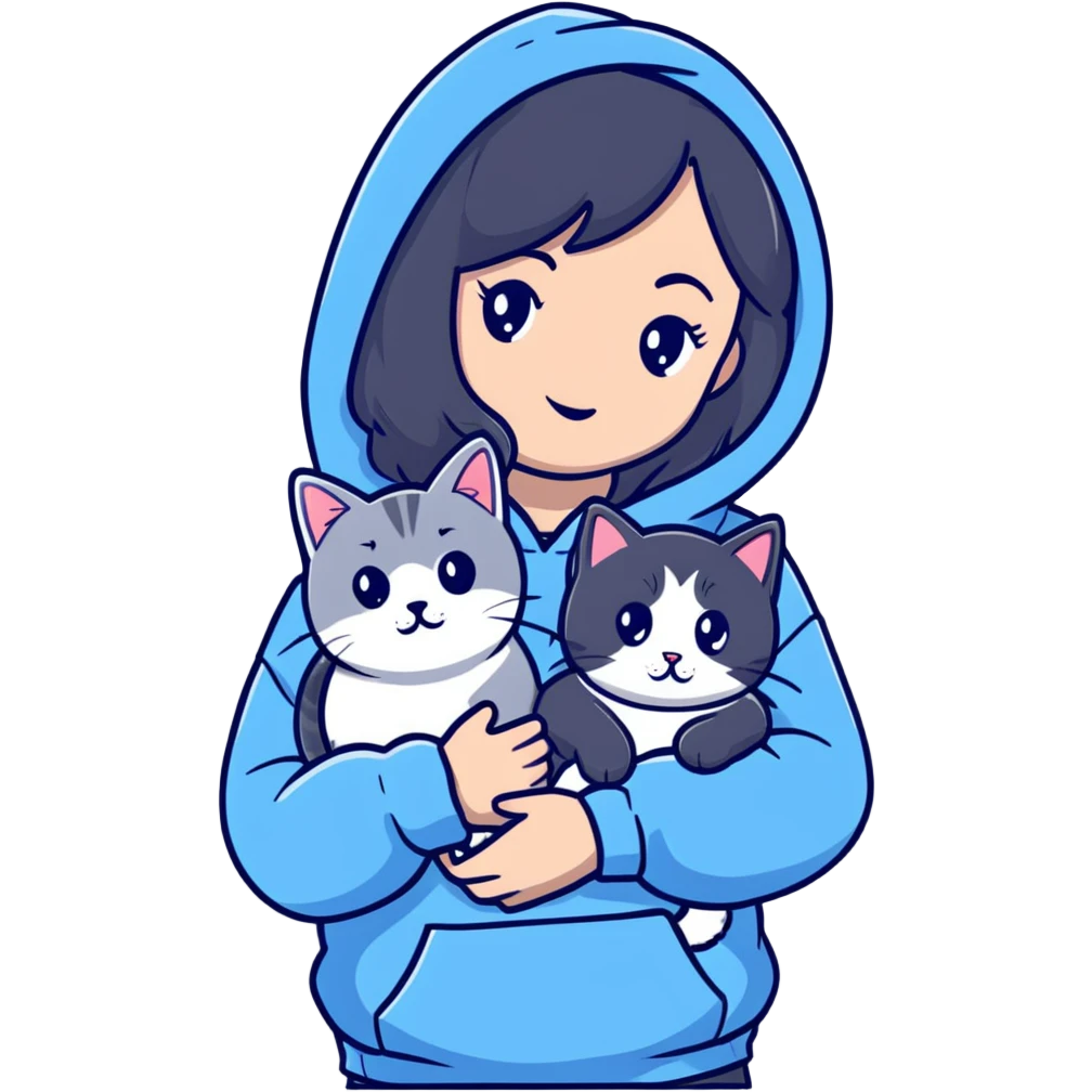 Girl with black hair in gray hoodie with a British shorthair blue and white cat and a long-haired blue and white cat emoji