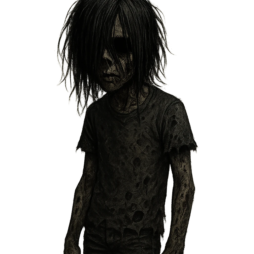 creepy boy zombie, long black hair covering face, black eyes, dark skin, emo vibe, horror style emoji