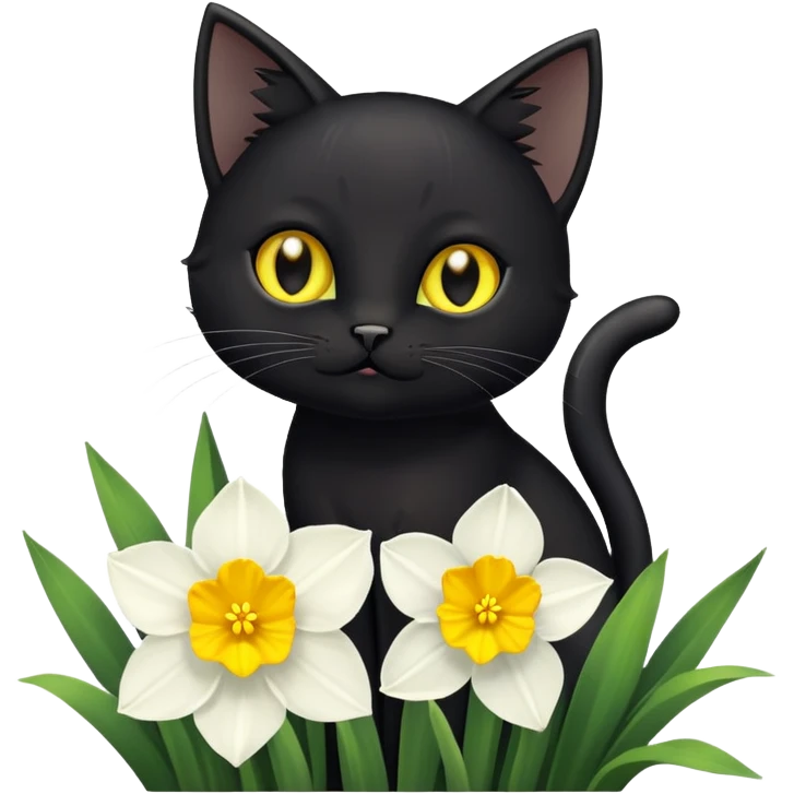 A cute  little  black cat and narcissus emoji