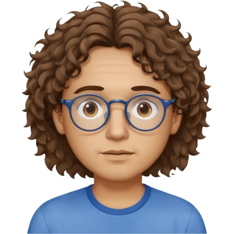 Slim, slightly oval face, light skin.
Medium-length brown wavy/curly hair, slightly messy.
Brown eyes, round eyeglasses.
Soft, calm expression.
No beard or very light stubble.
Minimal, high-quality style, not cartoonish.
Neutral background, soft lighting. emoji