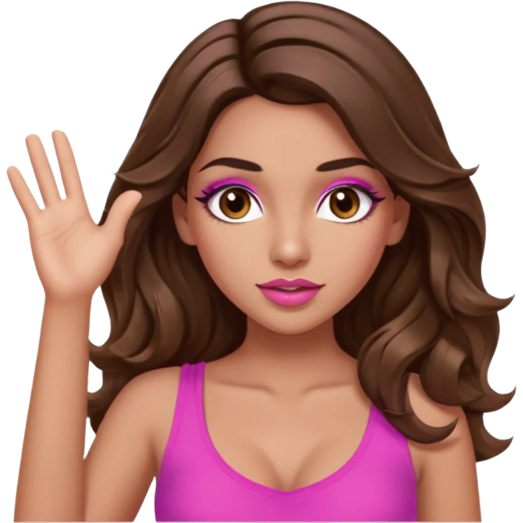 girl with long wavy brown hair, brown eyes, long lashes makeup, sexy pink lips, light to medium complexion, pink sexy top, two hands up shrugging emoji