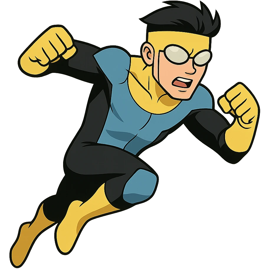 invincible superhero in blue and black suit with yellow gloves and boots action pose cartoon style emoji