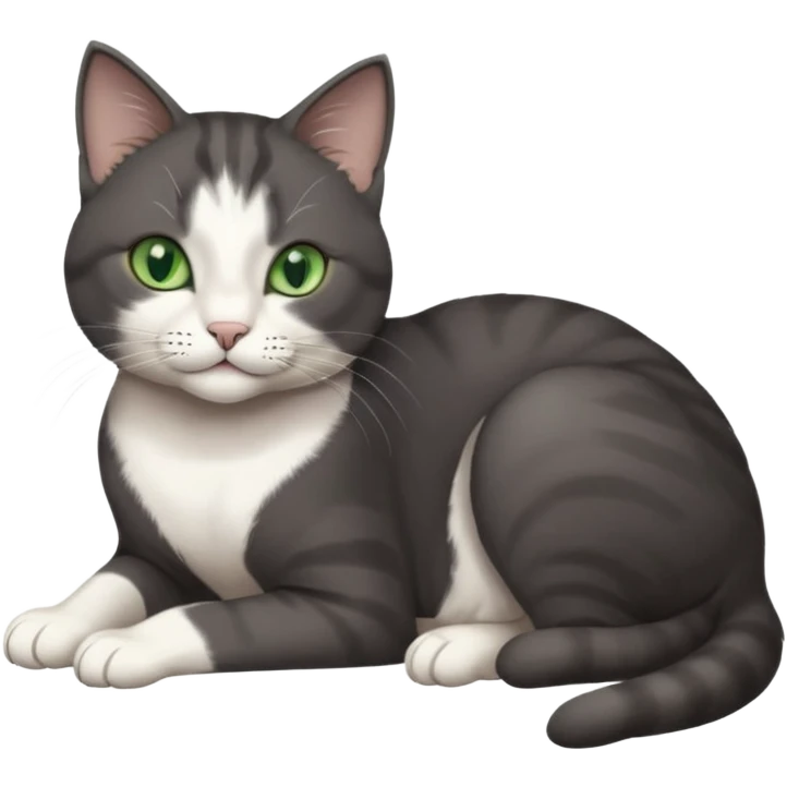 beautiful female solid dark grey cat with green eyes, white toes/paws and white patch on her chest lying down emoji
