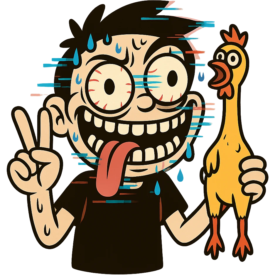 flat toon style bulging eyes, unhinged grin, too many teeth, one eyeball twitching, tongue out sideways, sweating, glitching, peace sign, holding cursed rubber chicken emoji