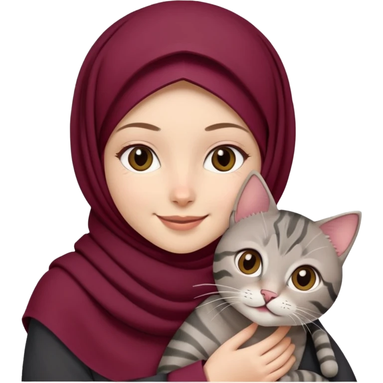 White girl wearing maroon hijab holding a black grey tabby cat while smiling emoji