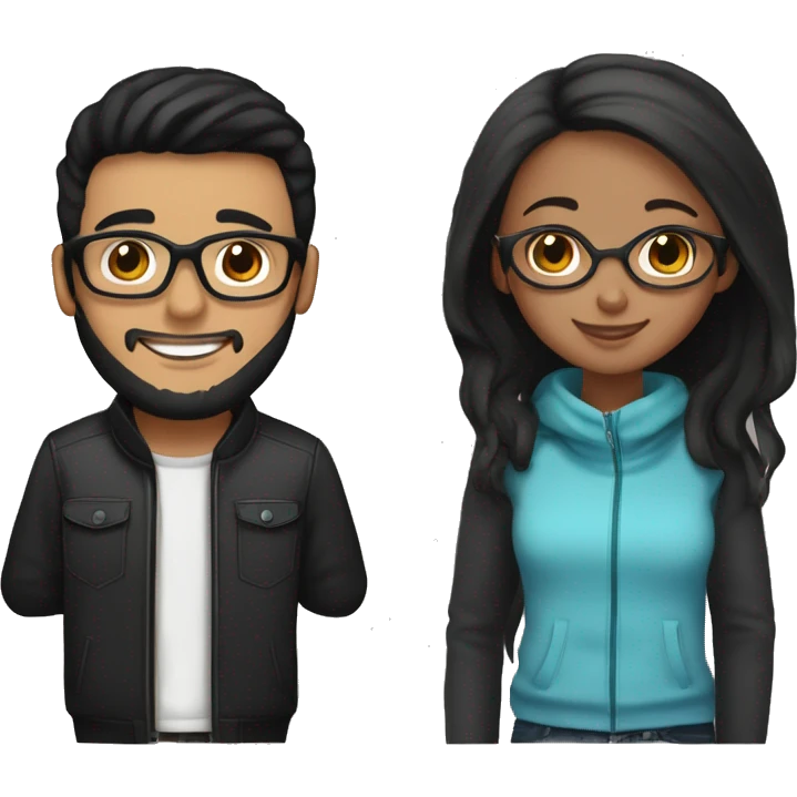 Happy couple together; girl with medium black hair, brown eyes and light brown skin; boy with glasses, short black hair, black beanie, and black beard  emoji