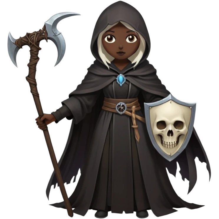 Necromancer girl with scythe and shield, in front of a dead mage emoji