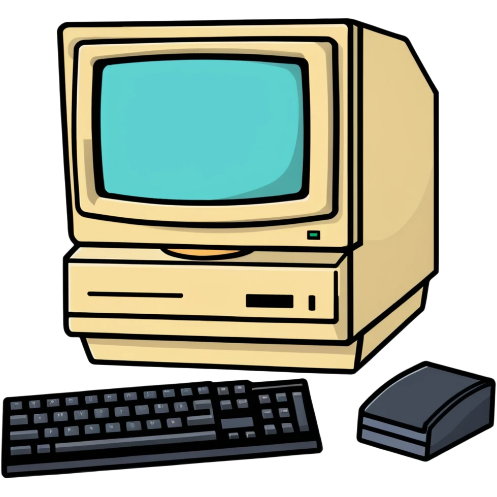 Vintage desktop computer from the 80s, bulky beige monitor with floppy disk drive, separate keyboard, nostalgic tech aesthetic emoji