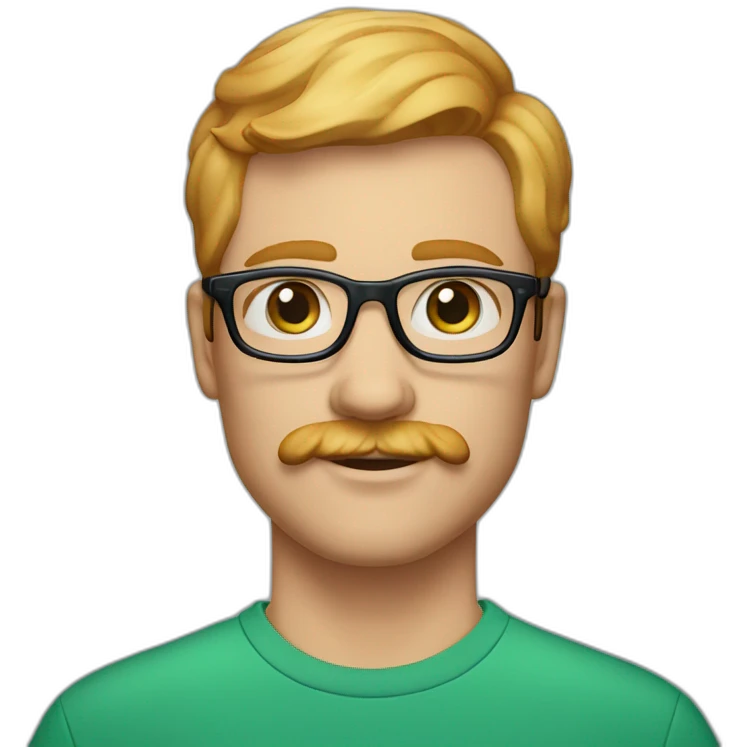 35 year old man with strawberry blond hair, clean shaved chin with moustache, blue eyes and round green glasses emoji