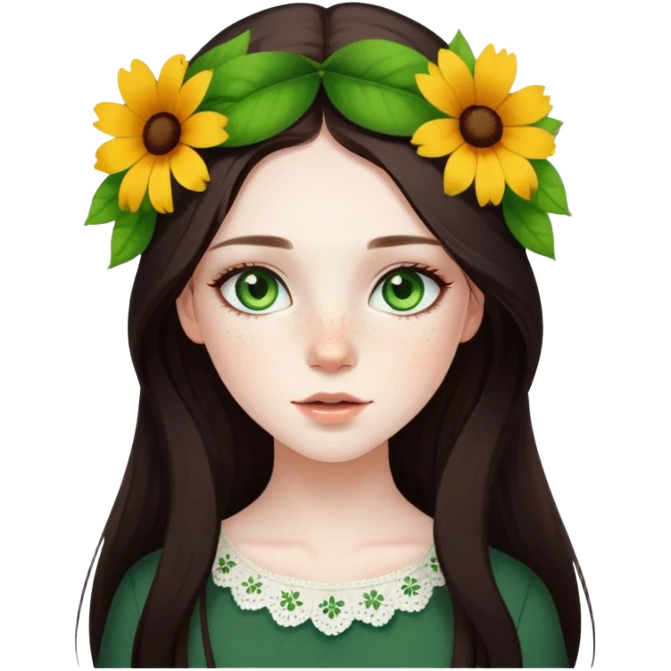 pretty girl with pale skin, freckles, green eyes, long lashes, dark brown long hair in summer styled outfit, with flower on head emoji