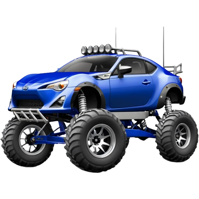 LCG Armored Dirty raced redneck jacked 2013 scion fr-s ultramarine off road 4wd monster truck style Baja dessert stadium rock racer number 86 with long travel swing arm suspension, shiny silver wheels, exaggerated wide black fender flares and trailer  emoji