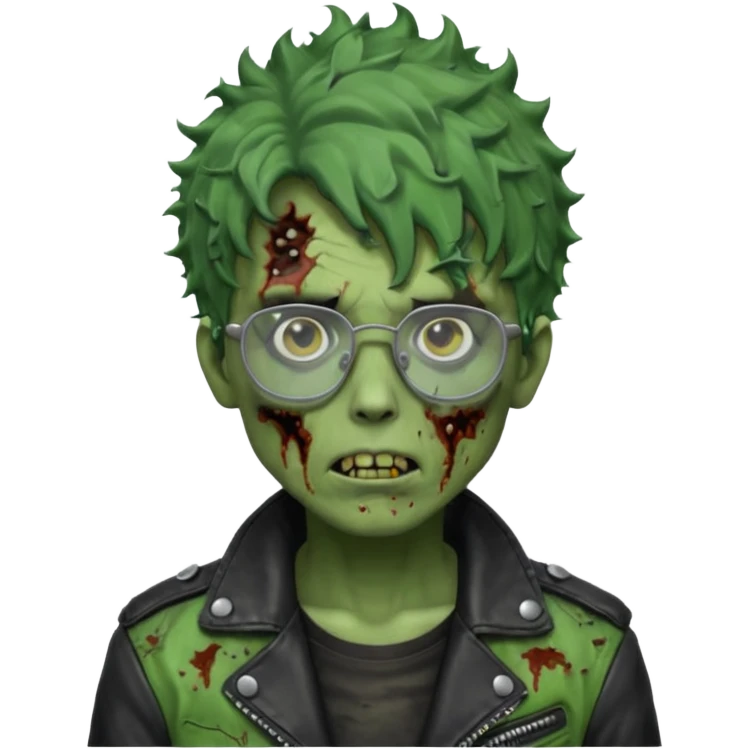 Hombre zombie de piel verde con chaqueta de cuero punk, pelo rizado corto y gafas emoji