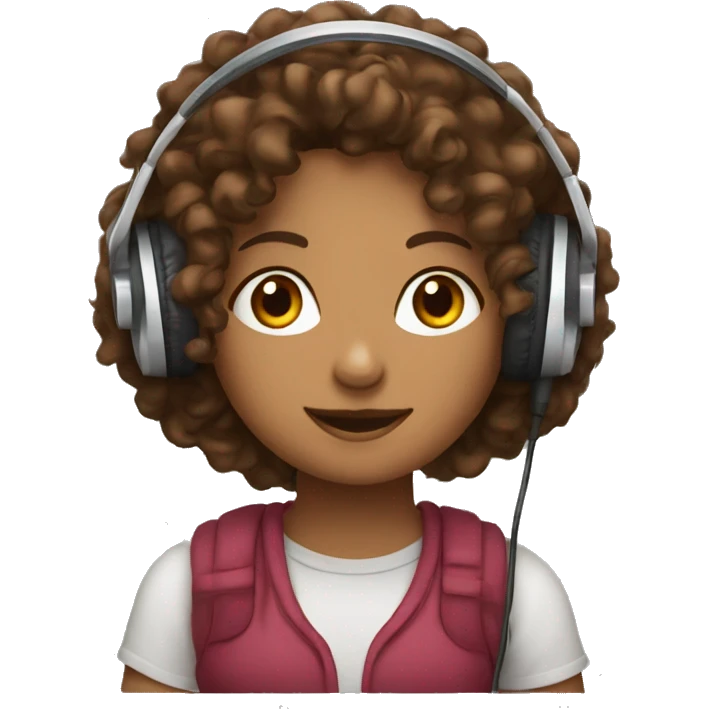 Brown curly haired girl wearing headphones sitting in front of a mic emoji