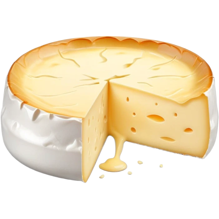 cinematic-realistic-brie-cheese-emoji,-featuring-a-creamy gooey center,-soft-ripened-cheese-with-a-delicate white rind-rendered-with-lifelike-detail-and-inviting,-natural-lightingwith a slide showing the gooey center emoji