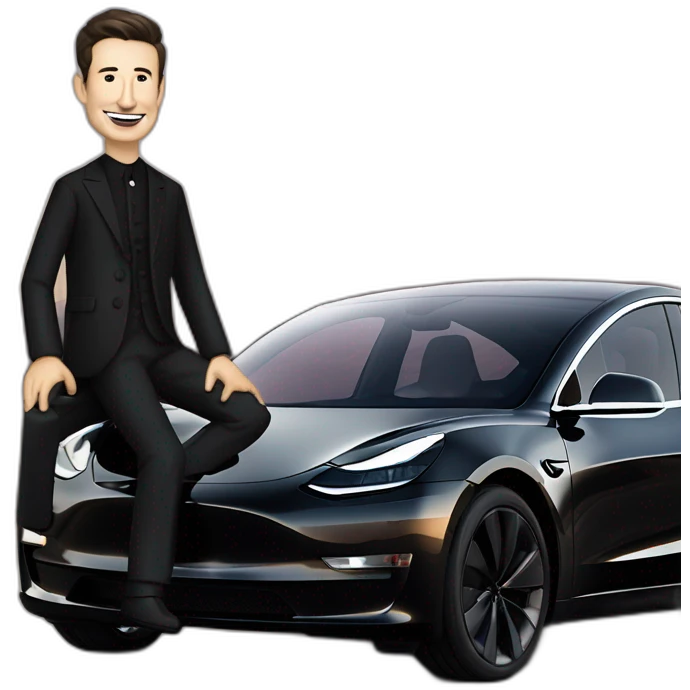 small Nikola Tesla plus small Elon Musk riding an all black Tesla Model 3, smilling, side view emoji