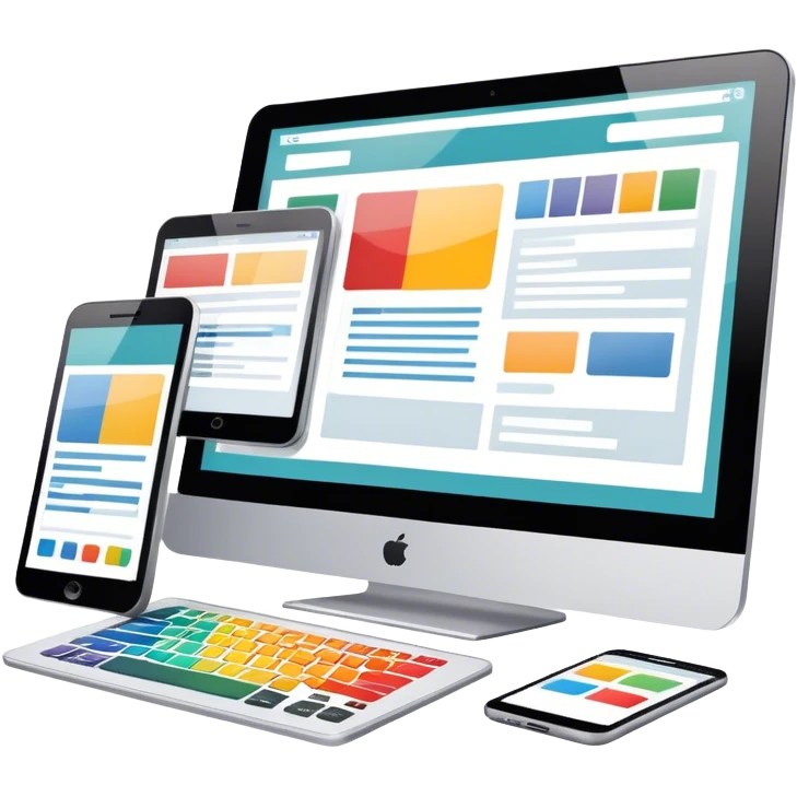 Modern icon for Web Design: a computer and smartphone or tablet screen displaying a website layout, HTML code, and design tools like a stilus and color palette. Transparent background. emoji