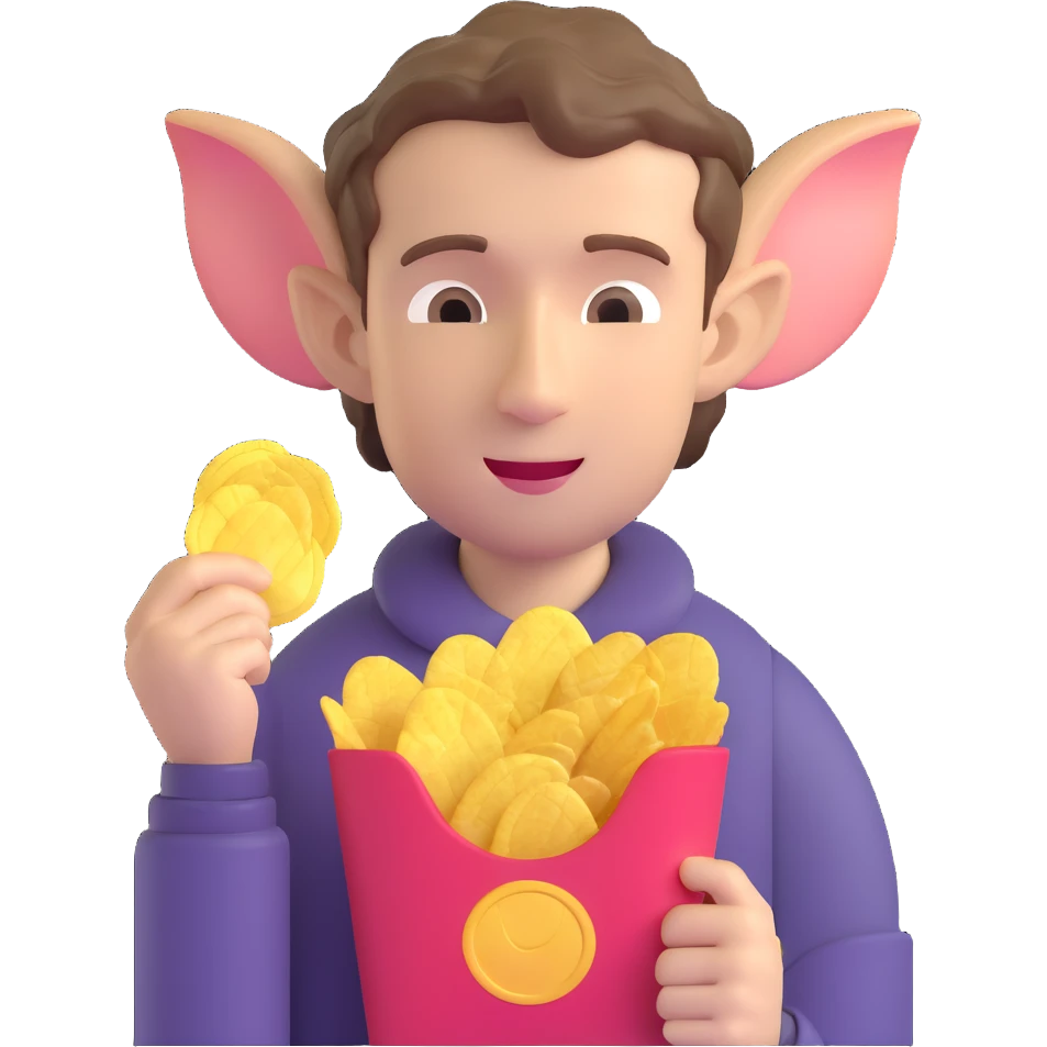Man with short wavy hair, large ears, holding potato chips emoji