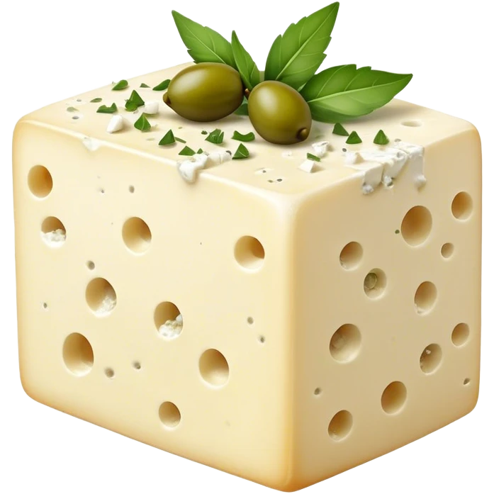 Cinematic Realistic Feta Cheese Dish Emoji, depicted as a block of crumbly, tangy cheese garnished with olive oil and herbs rendered with lifelike detail and soft natural lighting. emoji