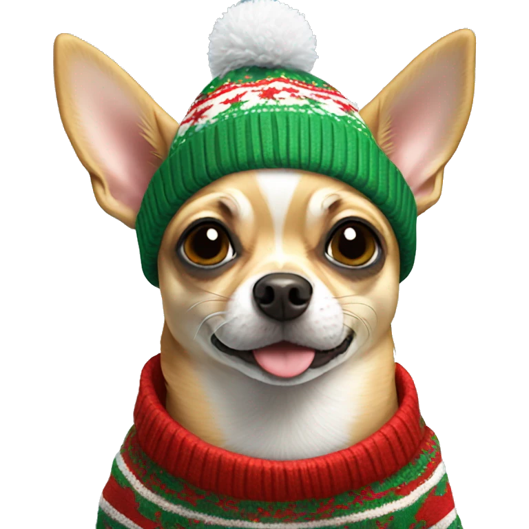chihuahua with a christmas sweater and beanie emoji