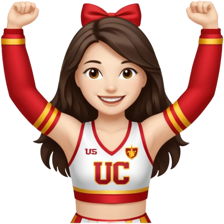 white happy long haired brunette girl in a white USC cheerleader outfit emoji