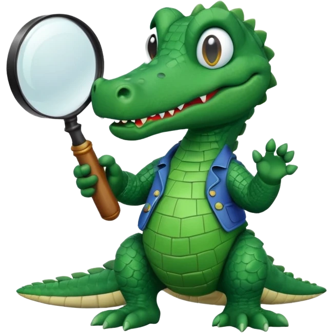 A claymation-style academic alligator holding a magnifying glass. The background is a solid white circle emoji