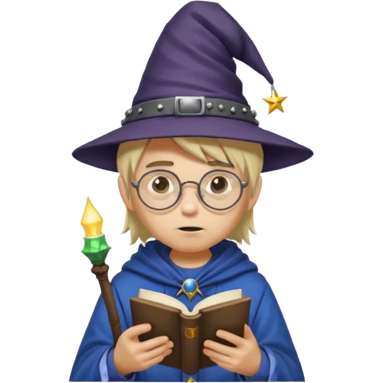 ["A sad boy with light skin, straight hair, wearing a wizard hat and round glasses, dressed in punk fashion, is reading a book while holding a phone."] emoji