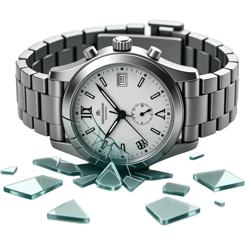 A wristwatch fallen on the ground with its glass cracked and slightly shattered. The strap is twisted, small glass fragments scattered nearby. Subtle scratches on the surface, suggesting impact. Soft dramatic lighting, no people, clean floor background, realistic and detailed. emoji