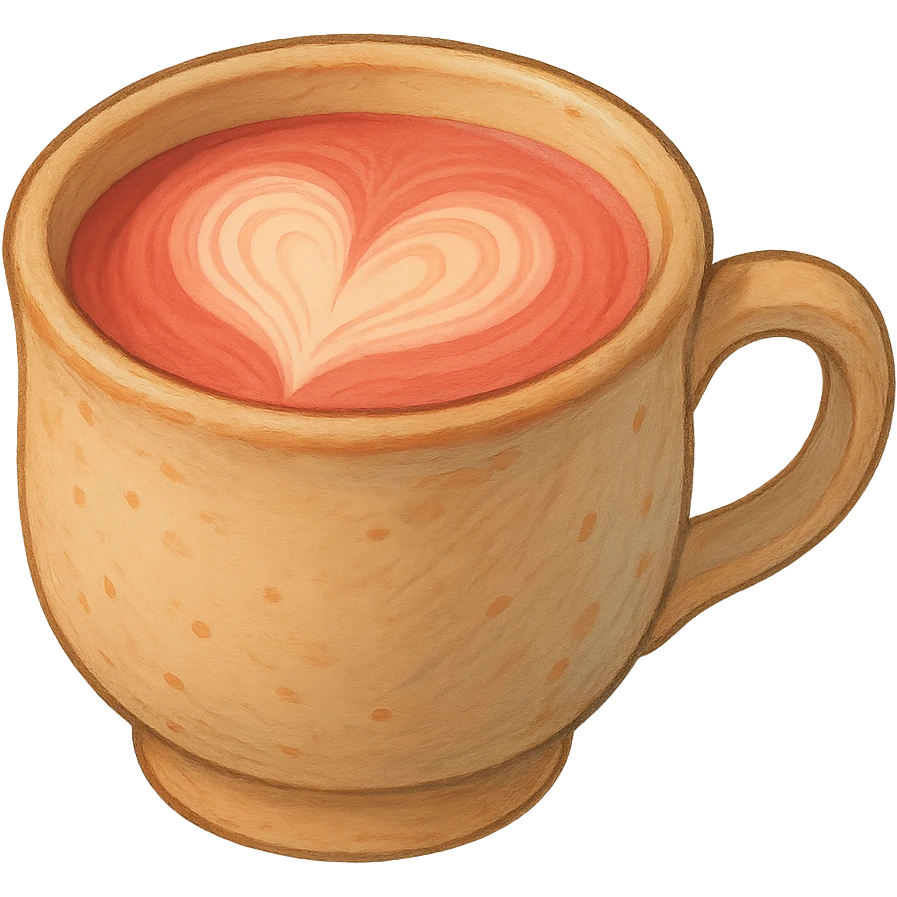 Remove the background, keep the pink mocha in a cozy mug with heart latte art, cute and inviting in Ghibli style with no background. emoji