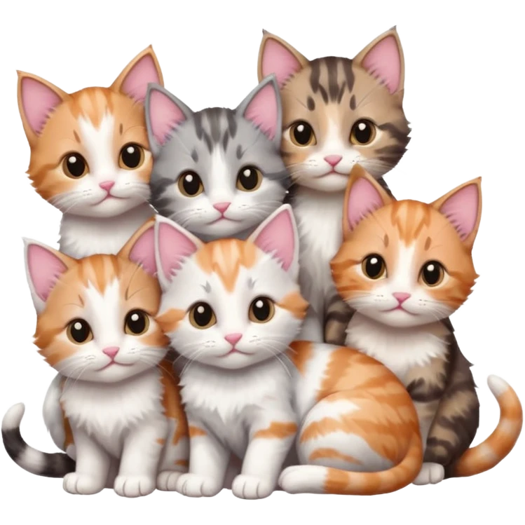 6 tiny kittens cuddling together all various different natural colours including grey and white, ginger and white, calico, grey, and brown tabby and white emoji