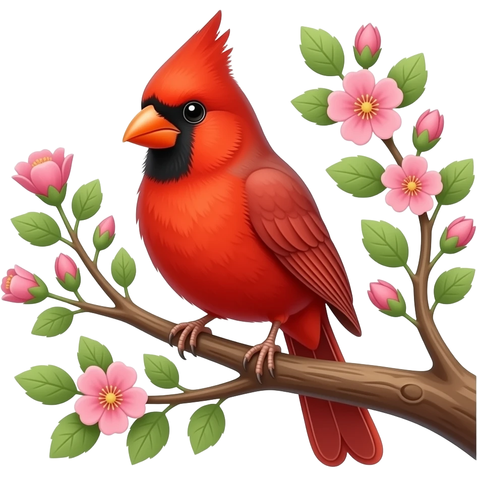Red cardinal in a tree with pink and green flowers emoji
