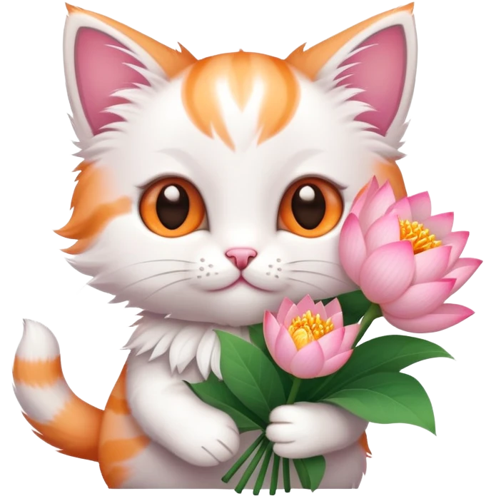 Kitten holding a bouquet of lotus flowers emoji