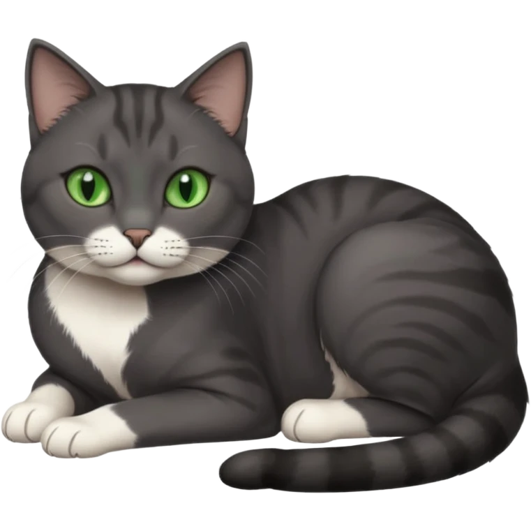 beautiful female solid dark grey cat with green eyes, white toes/paws and white patch on her chest lying down emoji