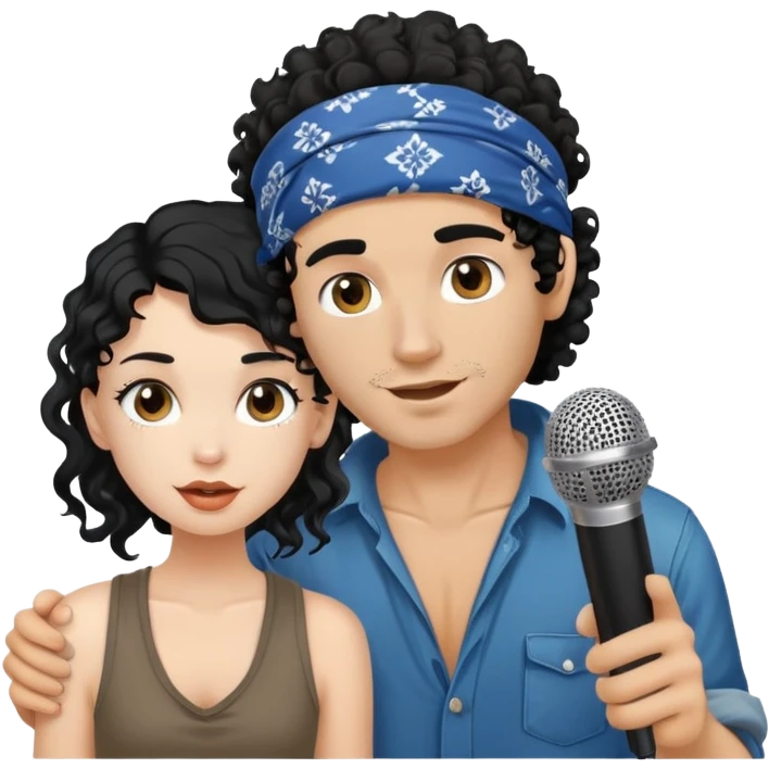 beautiful pale girl with black hair next to tanned skin homeless man with bandana and curly hair whose holding microphone emoji