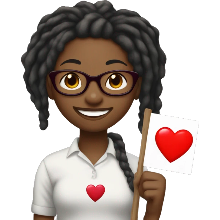 Black girl with red medium length dreadlocks holding a sign that says “Flanagan” with a red heart on the sign underneath the word, the girl is also smiling and is wearing glasses  emoji